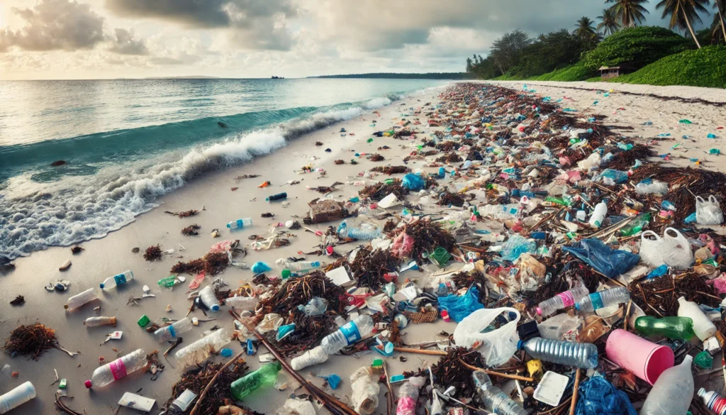 Sampah plastik yang berceceran di sekitaran pantai.